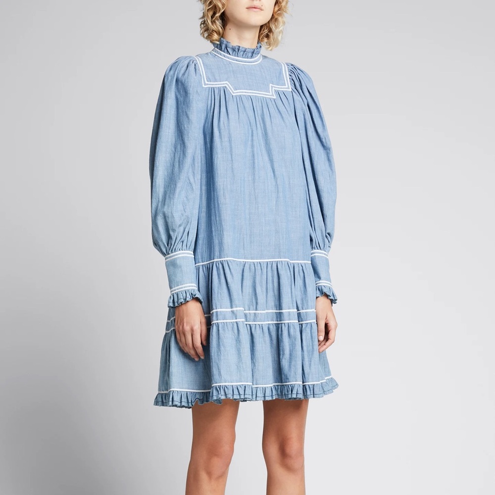 Ulla Johnson Blanche Chambray Light Blue Ruffle-Neck Tiered Mini Dress Size 4